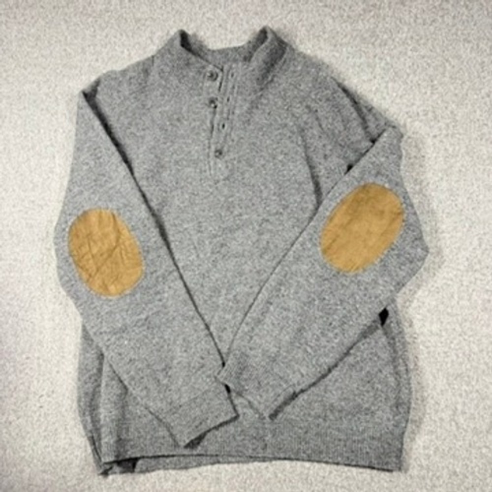 Borgo28 Mens XL Wool Donegal Sweater Grey Plaid Trim Elbow Patches Pullover